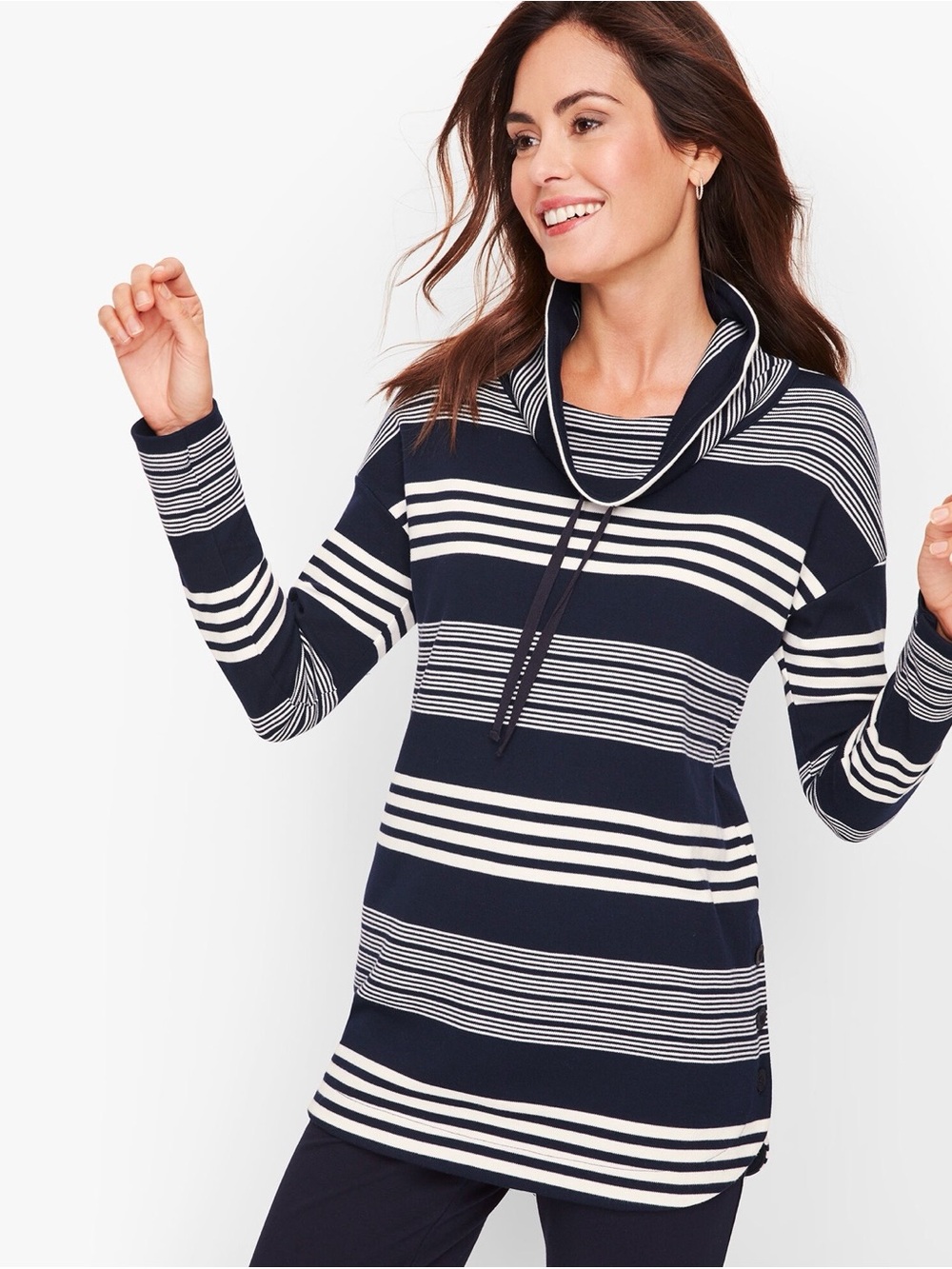 T by Talbots (Size LP) Striped Navy and White Cowl Neck Tunic